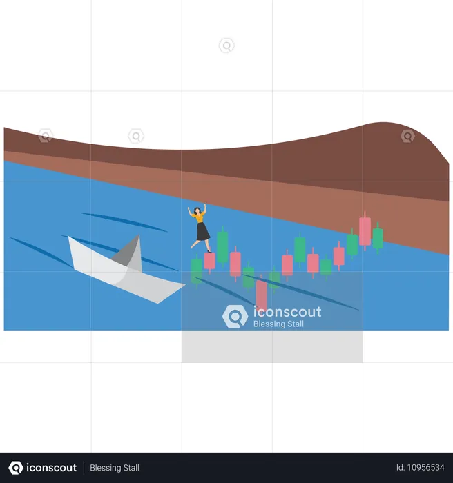 Businesswoman investor walks carefully past lifebuoy from investment bar chart  Illustration