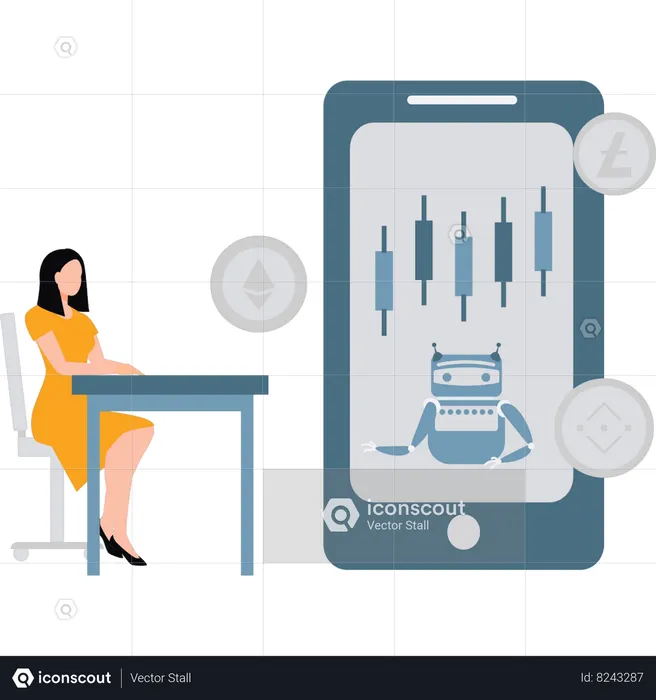 Businesswoman is analyzing share market on phone  Illustration