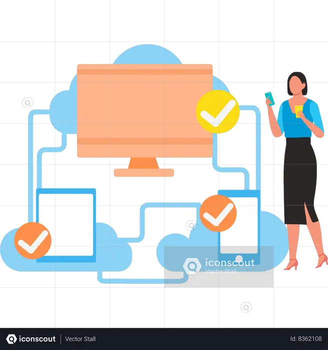 Businesswoman is connecting devices with computer  Illustration