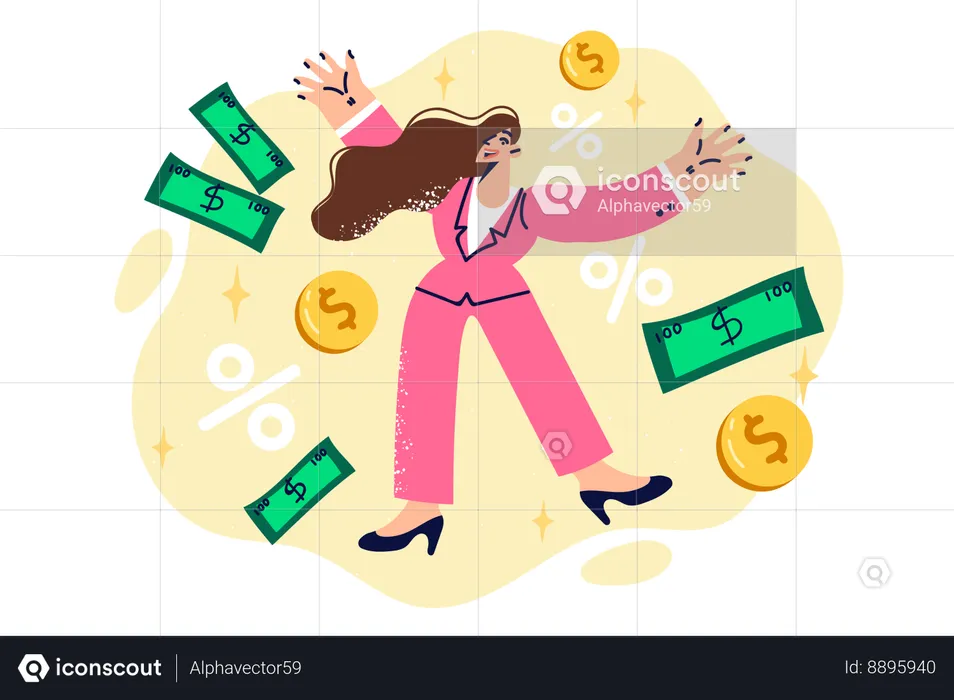 Businesswoman is flying bank notes  Illustration