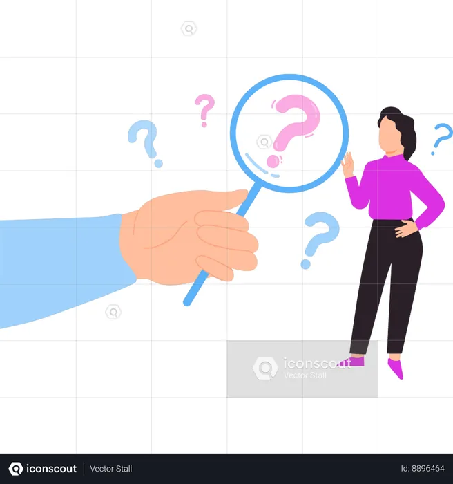 Businesswoman is looking at question mark on the magnifying glass  Illustration