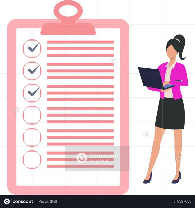 Businesswoman is looking at the task list  Illustration