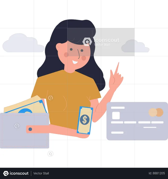 Businesswoman is putting cash in the purse  Illustration