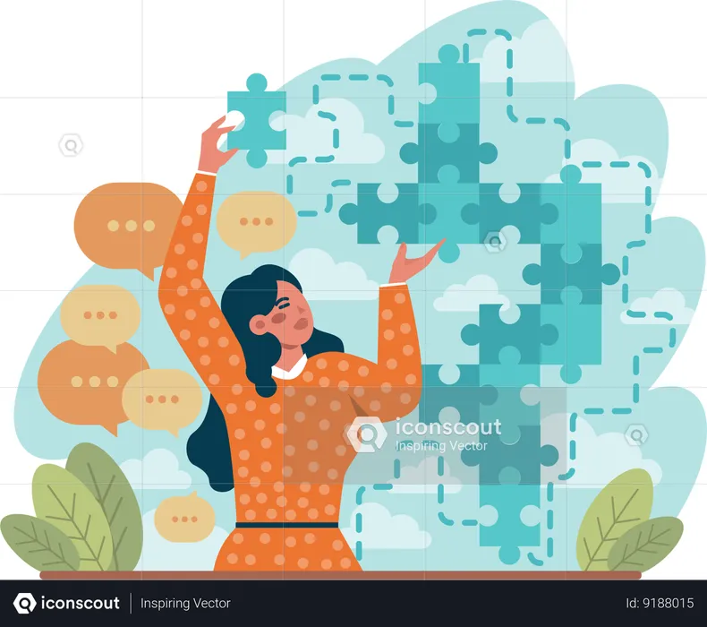 Businesswoman is solving business puzzle  Illustration