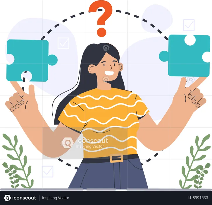 Businesswoman is trying to solve business puzzle  Illustration
