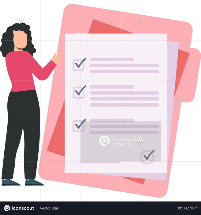 Businesswoman is viewing terms and conditions paper of partnership  Illustration