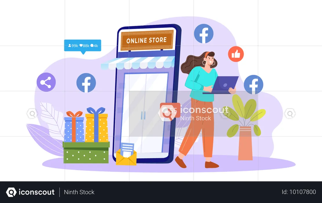 Businesswoman keeps her product in online store of Facebook for selling  Illustration