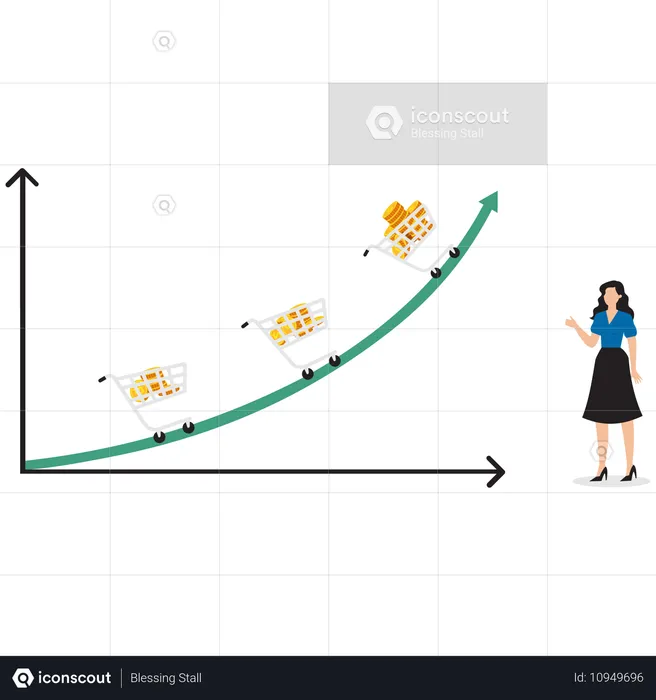 Businesswoman Looking rising charts with more and more gold coins inside shopping carts  Illustration