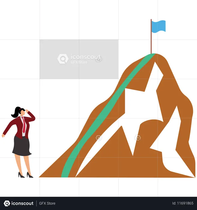Businesswoman looks at the target flag on the top of the mountain  Illustration