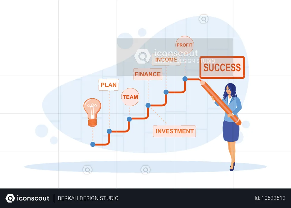 Businesswoman Making Strategy Plan To Success On Wall  Illustration