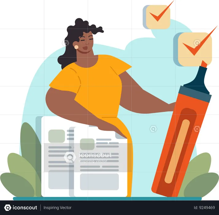 Businesswoman marking ticks in checklist  Illustration