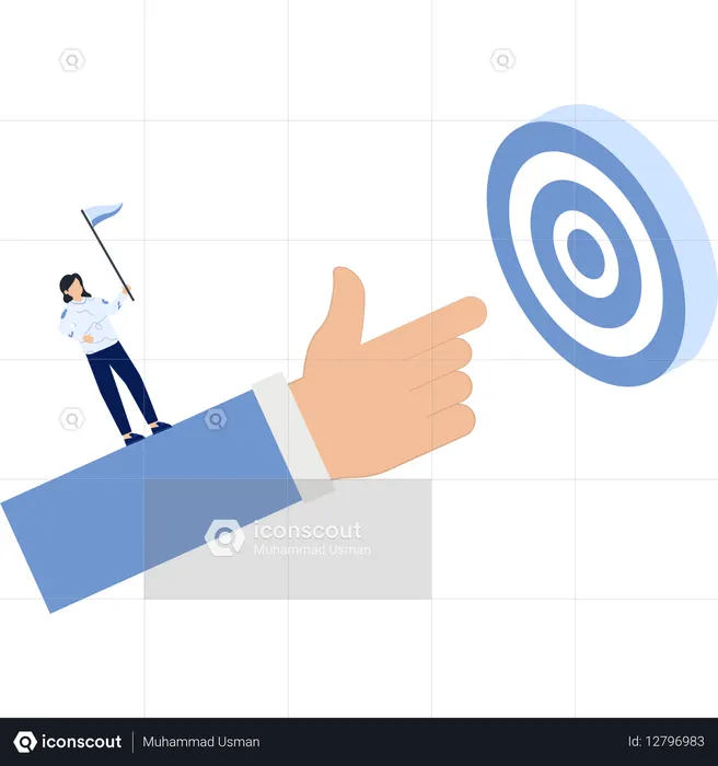 Businesswoman on Arm with Flag Aiming at Bullseye Success  Illustration