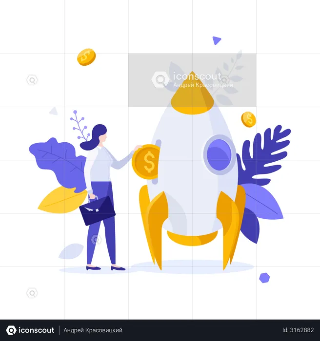 Businesswoman or investor inserting dollar coin into spaceship  Illustration