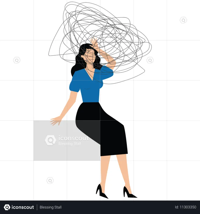 Businesswoman overthinking with mess head  Illustration