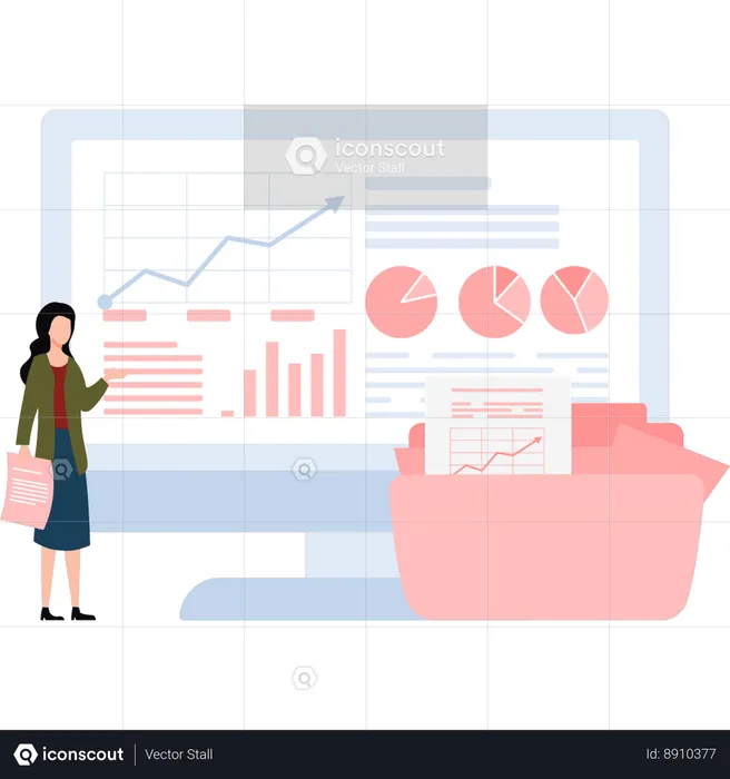 Businesswoman Pointing To Data Graph On Monitor  Illustration
