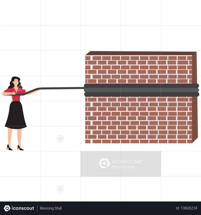 Businesswoman pushing big wall to reveal new business success  Illustration