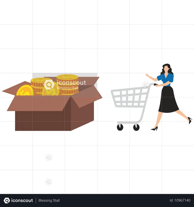 Businesswoman pushing shopping cart next to savings jar filled with gold coins in his stomach  Illustration