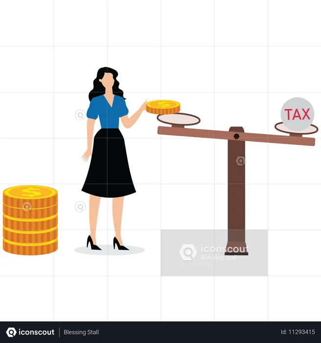 Businesswoman puts coins on scale that weighed down by tax papers  Illustration