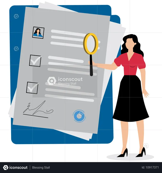 Businesswoman reviewing employee resumes  Illustration