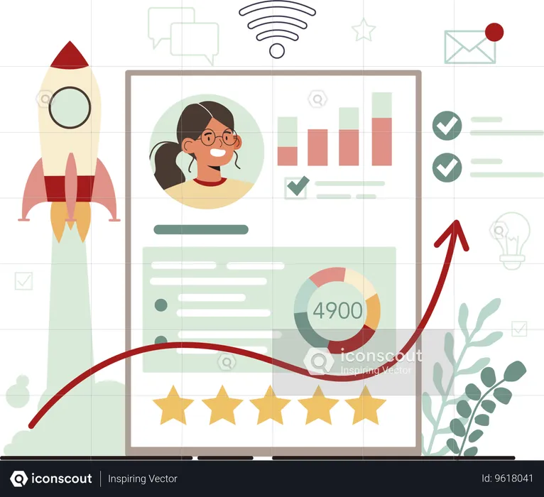 Businesswoman reviews launching report  Illustration