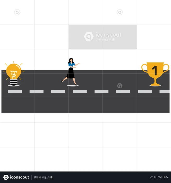 Businesswoman running on path from light bulb to trophy  Illustration