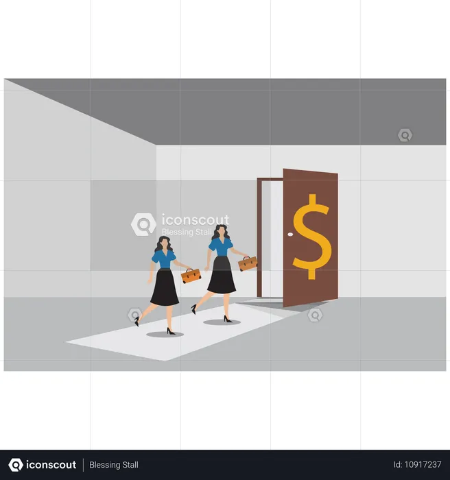 Businesswoman running towards success door  Illustration