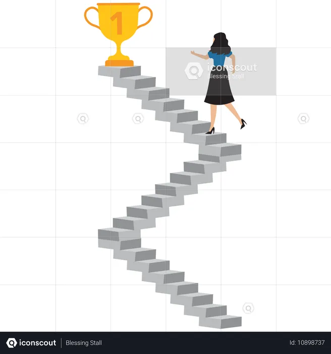 Businesswoman running upstairs to achieve trophy  Illustration