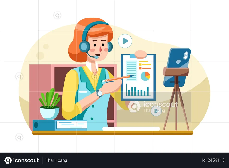 Businesswoman sharing marketing ideas online in front of a video camera  Illustration