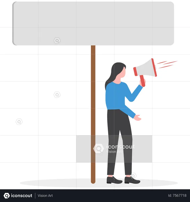 Businesswoman shouting through loud speaker and holding placard  Illustration