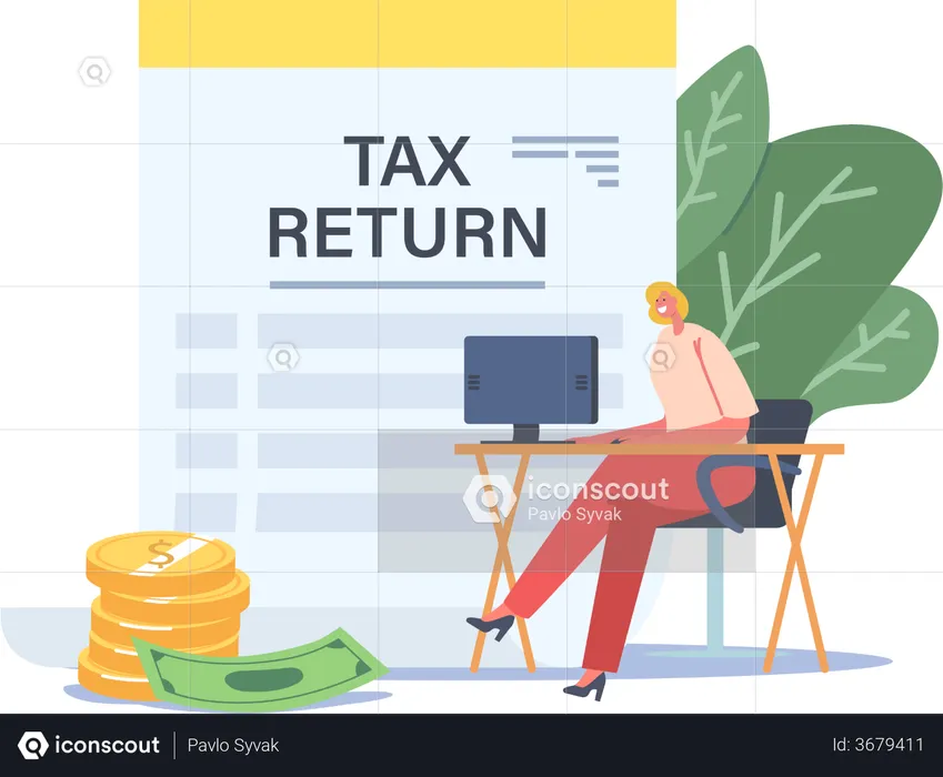 Businesswoman Sitting at Workplace Desk with Computer Taxation Refund  Illustration