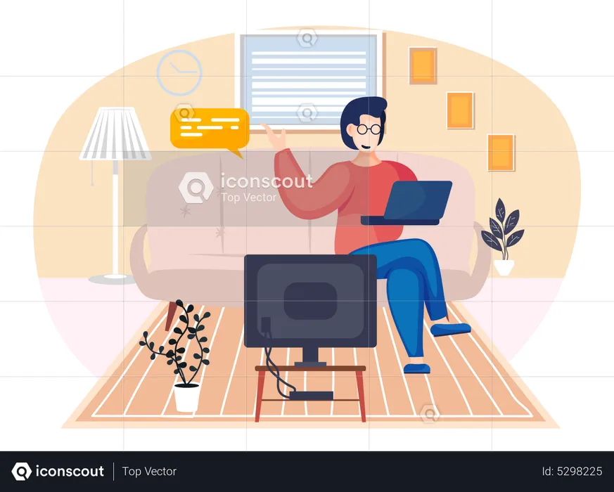 Businesswoman sitting on couch and attended online meeting  Illustration