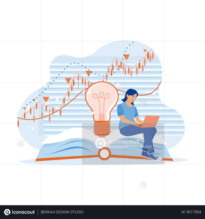 Businesswoman Sitting On Open Book And Light Bulb  Illustration