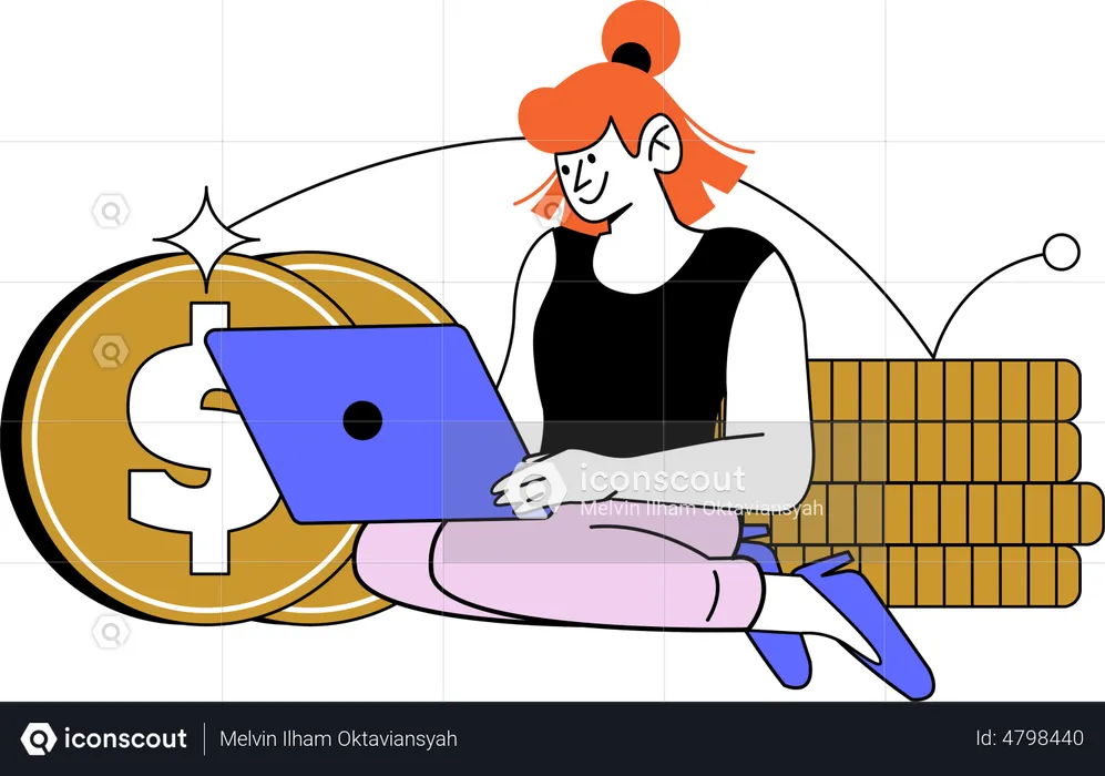 Businesswoman sitting with dollar coin and working on laptop  Illustration