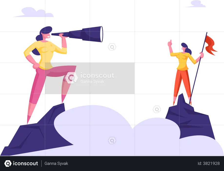 Businesswoman Stand on Top of Mountain  Red Flag Watching to Spyglass Over Sky Clouds, Business Vision, Recruitment Employee, Business Character Visionary Forecast Cartoon Flat Vector Illustration  Illustration
