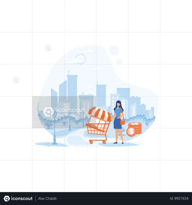 Businesswoman standing and buying franchise  Illustration