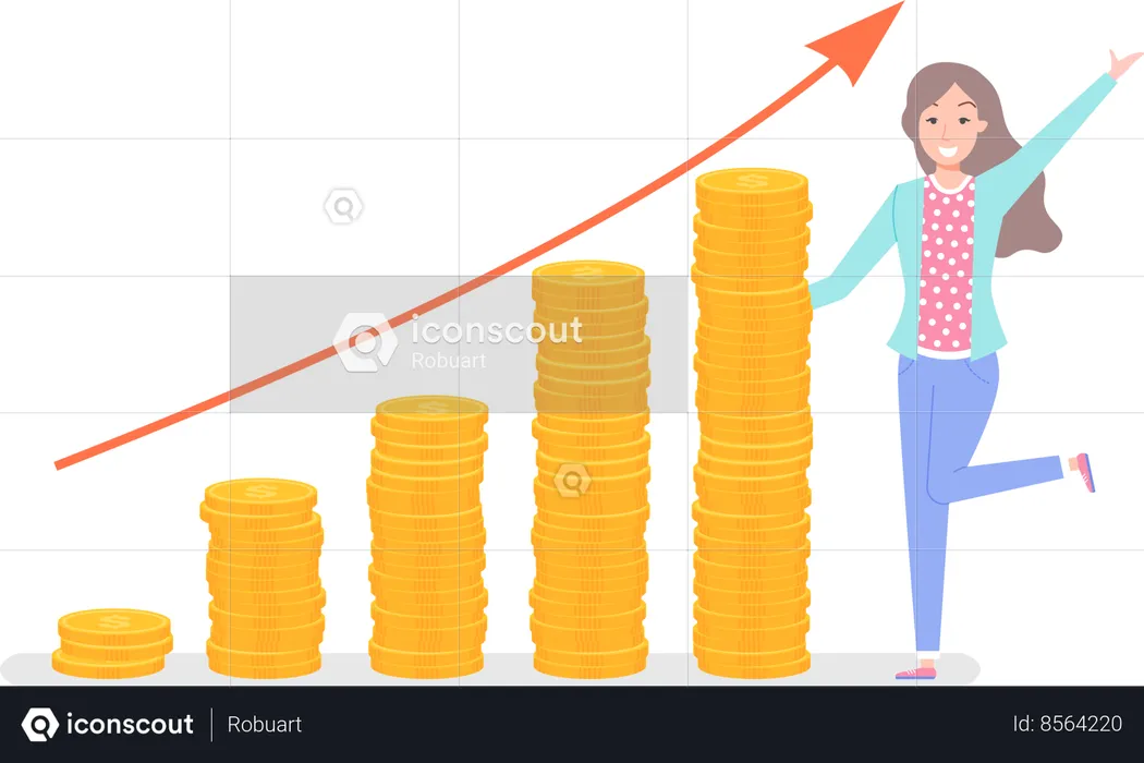 Businesswoman standing near pile of gold coins  Illustration