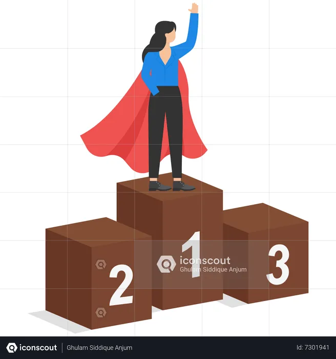 Businesswoman standing on first podium in superhero costume  Illustration