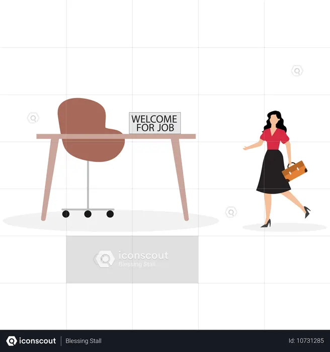 Businesswoman starting new job walk to welcome office desk  Illustration