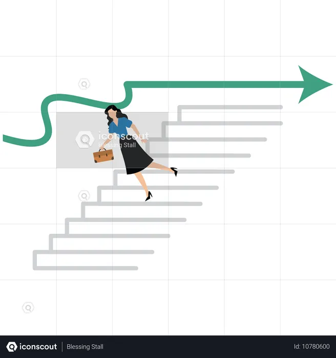 Businesswoman stepping down stair from graph that stop growing  Illustration