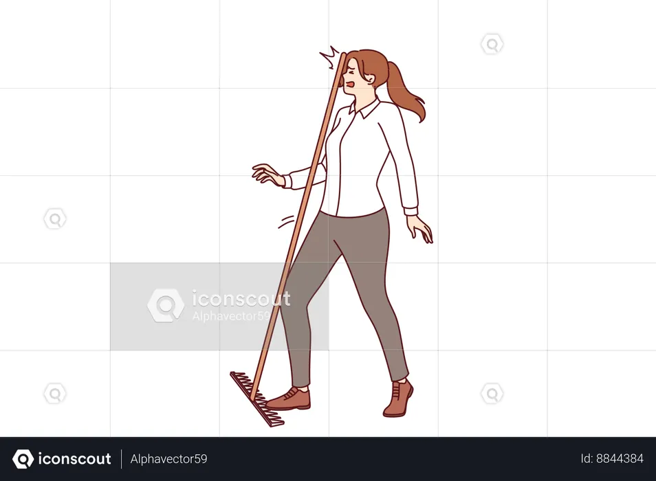 Businesswoman steps on rake and gets hit on head  Illustration