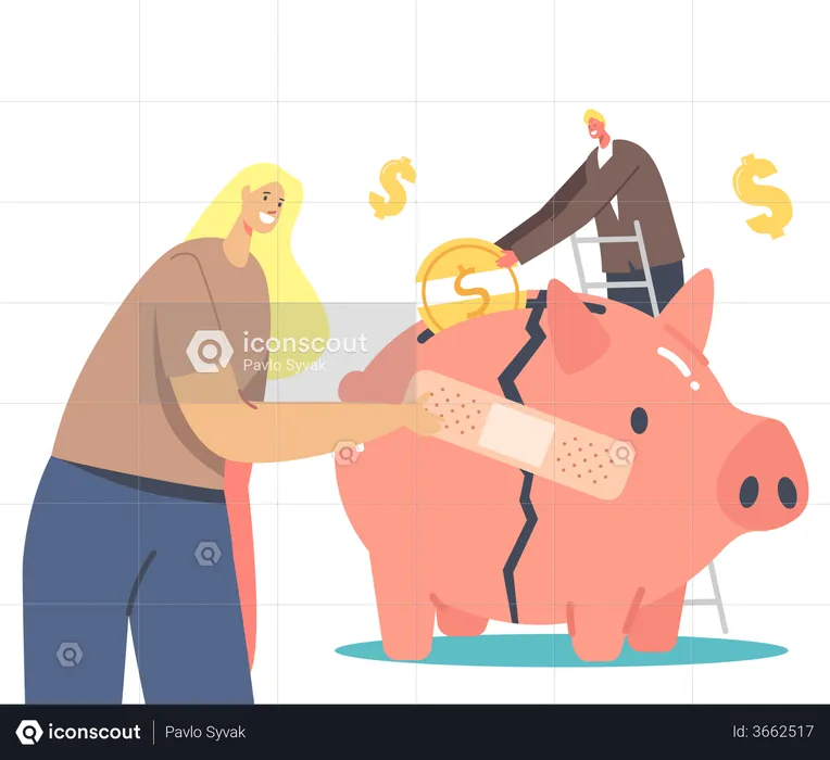Businesswoman Stick Patch on Broken Piggy Bank  Illustration