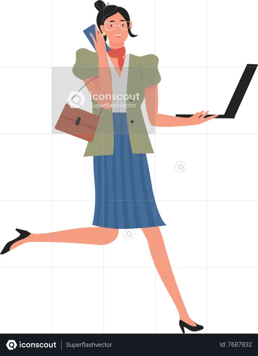 Businesswoman talking on phone while working on laptop  Illustration