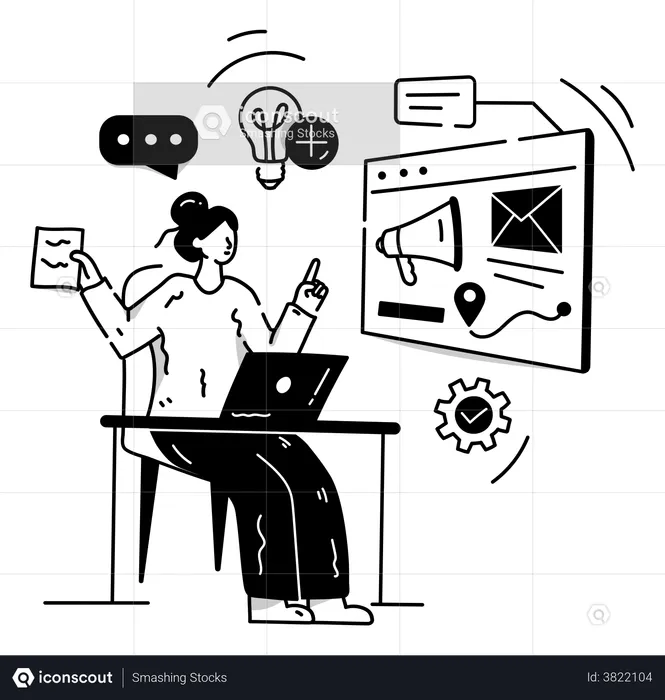 Businesswoman Thinking About Marketing Solutions  Illustration