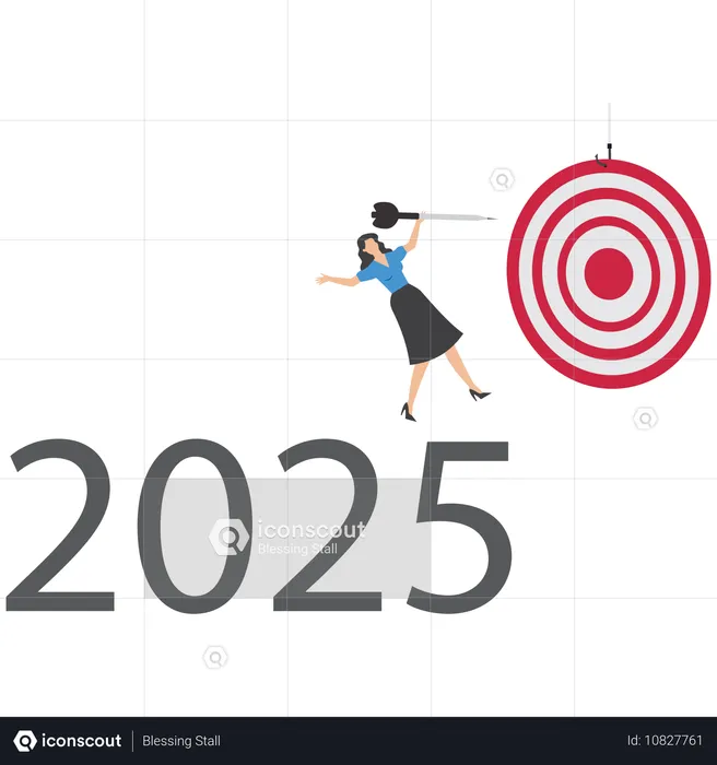 Businesswoman throws dart at board for 2025  Illustration