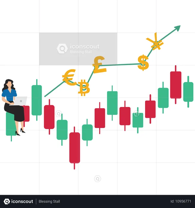 通貨記号のグラフ上で取引するビジネスウーマン  イラスト