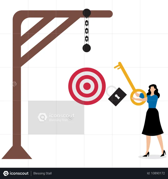 Businesswoman uses a key to open target locked in a cage  Illustration