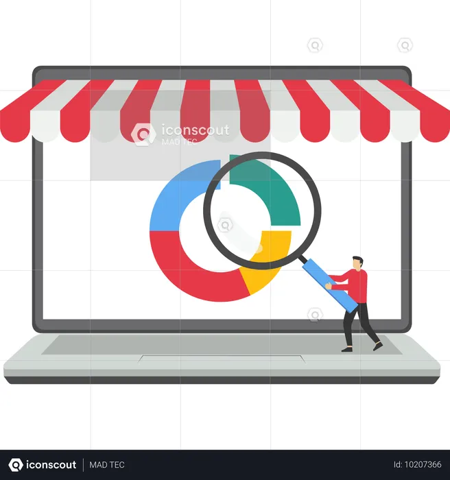 Businesswoman uses magnifying glass to view trading market  Illustration