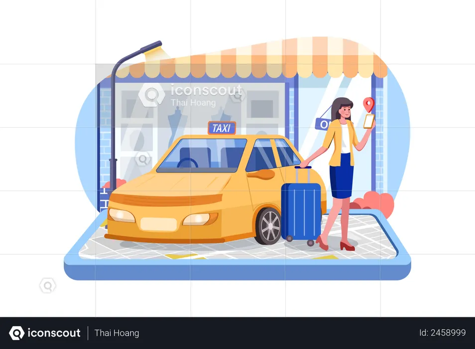 Businesswoman using smart phone for cab booking  Illustration