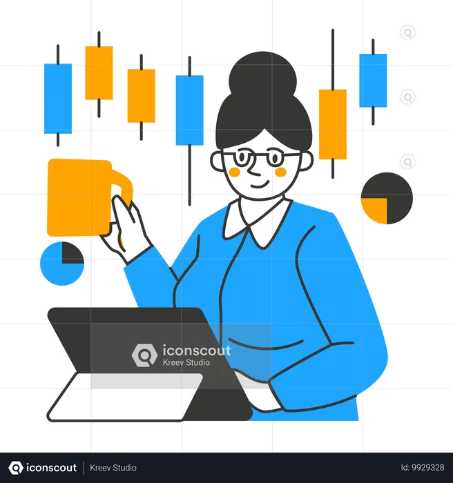 Businesswoman views at candlestick graph  Illustration