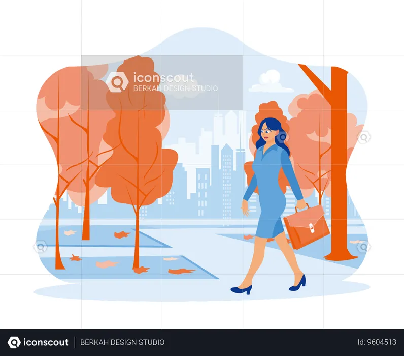 Businesswoman walks in a city park with a briefcase  Illustration